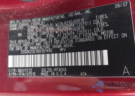 2008 Toyota Sienna Le из США, поврежденный, VIN 5TDZK23C18S101480